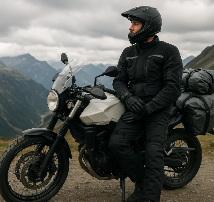 Motorradbekleidung, Touren, Motorrad mit Fahrer auf Tour